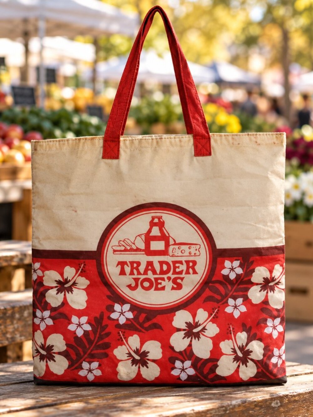 Trader Joe’s Y2K Vintage Aloha Tote Cream Red Floral Reusable Grocery Beach Bag